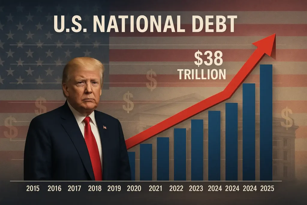 A realistic infographic-style image showing a line chart of U.S. national debt growth from 2015 to 2025. Include labeled years and rising bars or a red upward arrow showing the debt crossing $38 trillion by 2025. In the background, include a faint U.S. flag texture and a Treasury building silhouette. Realistic, clean, professional finance news vibe, 16:9 ratio.