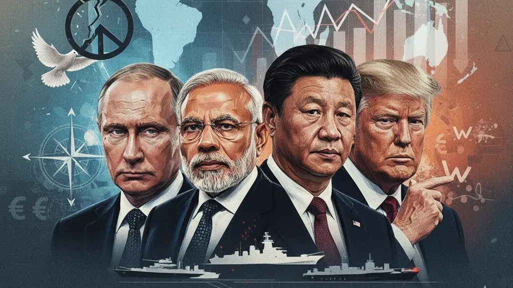 A dramatic geopolitical collage featuring Putin, Modi, Xi Jinping, and the U.S. President with a glowing world map behind them. Dark cinematic lighting, high detail