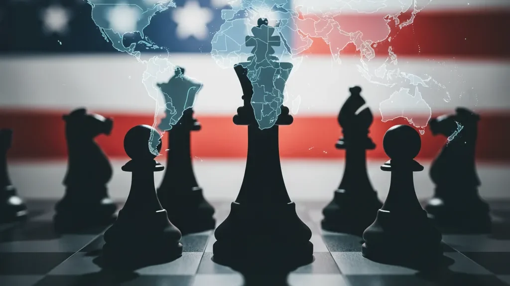 A symbolic geopolitical image of the U.S. flag with shadowy chess pieces, representing indirect influence, moody lighting, editorial style