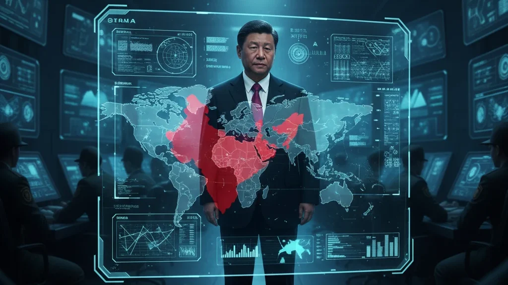 Xi Jinping analyzing India–Russia relations on a strategic digital map.