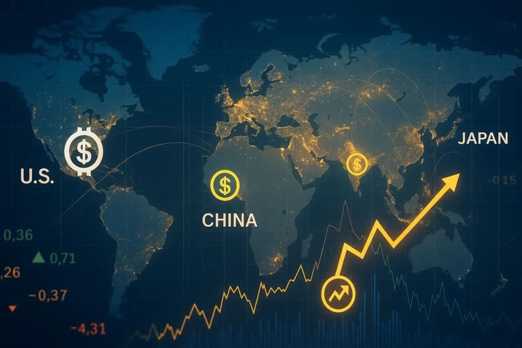 A realistic digital composite showing a world map with glowing trade lines and stock market tickers. Highlight U.S., China, Japan, and Europe with financial icons like dollar symbols, stock arrows, and currency fluctuations. The theme should represent global economic ripple effects from America’s debt. Neutral blue-gold color tone, modern news style, 16:9 layout.