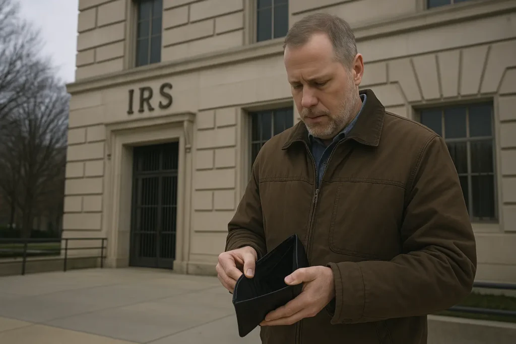 A wide-angle shot of a man checking an empty wallet outside a closed federal building labeled “IRS,” symbolizing furlough impact.