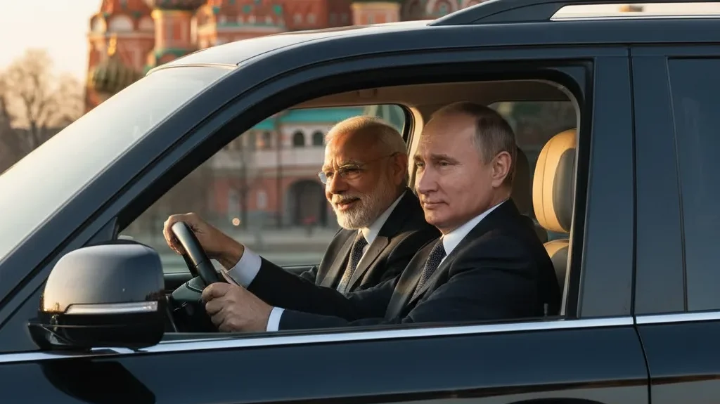 Putin driving Prime Minister Modi in an SUV during a diplomatic visit.
