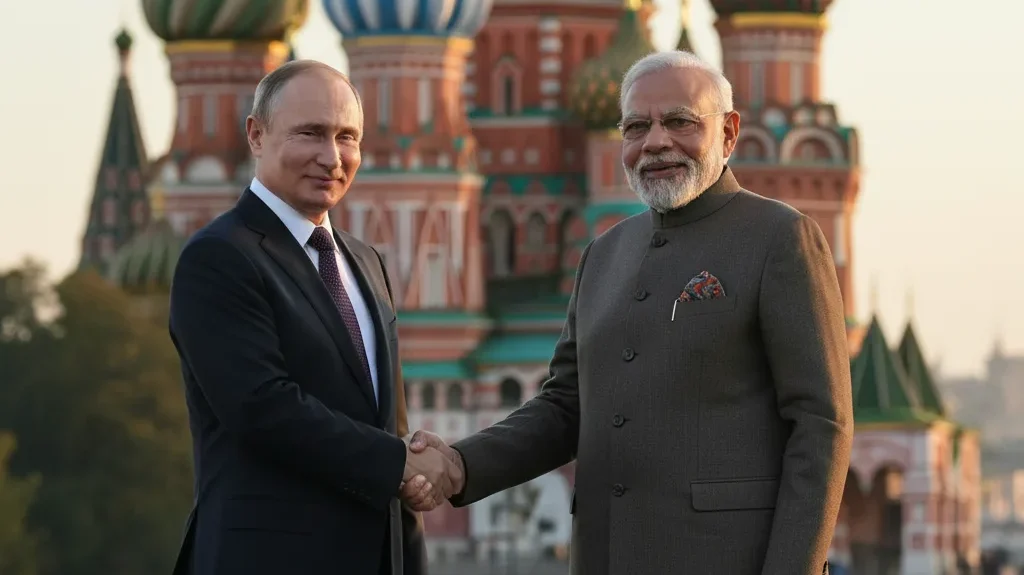Putin welcoming Narendra Modi during a diplomatic visit.