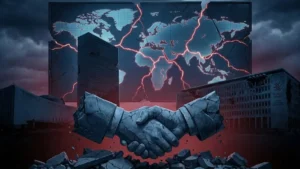 End of Multilateralism showing the collapse of global cooperation, weakening multilateral institutions, and the rise of a fragmented multipolar world order