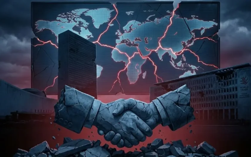 End of Multilateralism showing the collapse of global cooperation, weakening multilateral institutions, and the rise of a fragmented multipolar world order