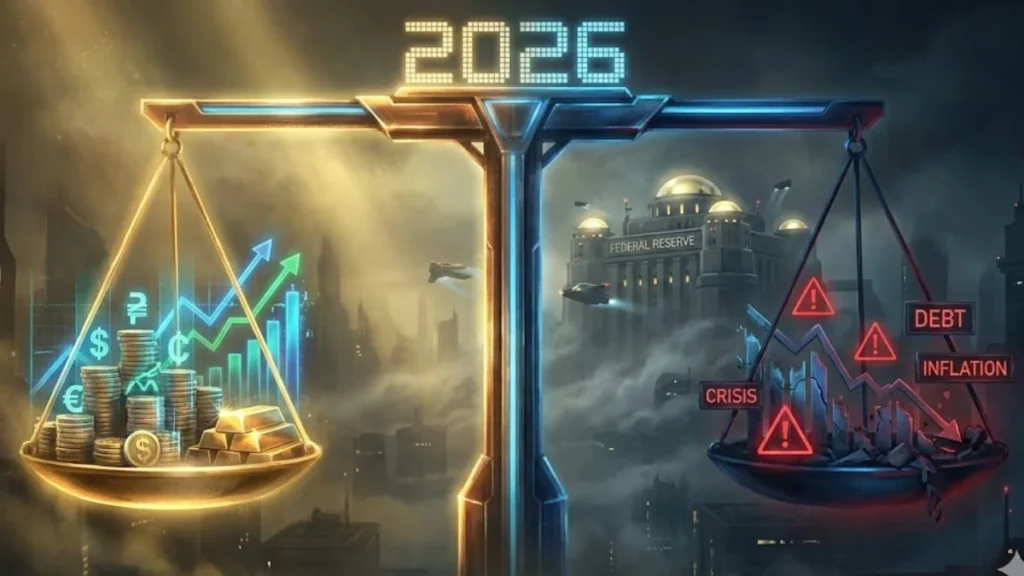 Conceptual visualization of 2026 market uncertainty with balance scale showing interest rate dilemma and crash risks