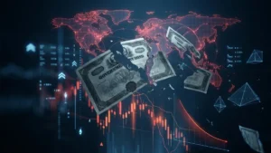 Global financial crisis illustration showing damaged bond certificates and falling market charts representing Bond Market Collapsing scenario