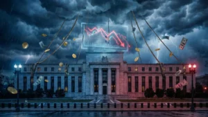 Federal Reserve building with stock market crash visualization showing how interest rates control global markets