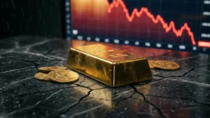 Gold bar and coins during stock market crash — gold as safe haven asset