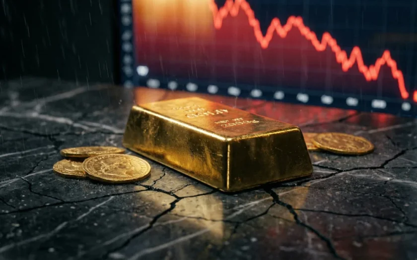 Gold bar and coins during stock market crash — gold as safe haven asset