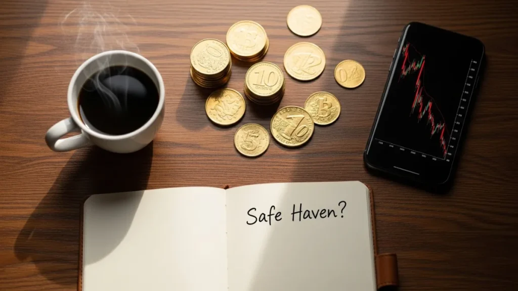 Investor analyzing gold as safe haven during stock market downturnInvestor analyzing gold as safe haven during stock market downturn