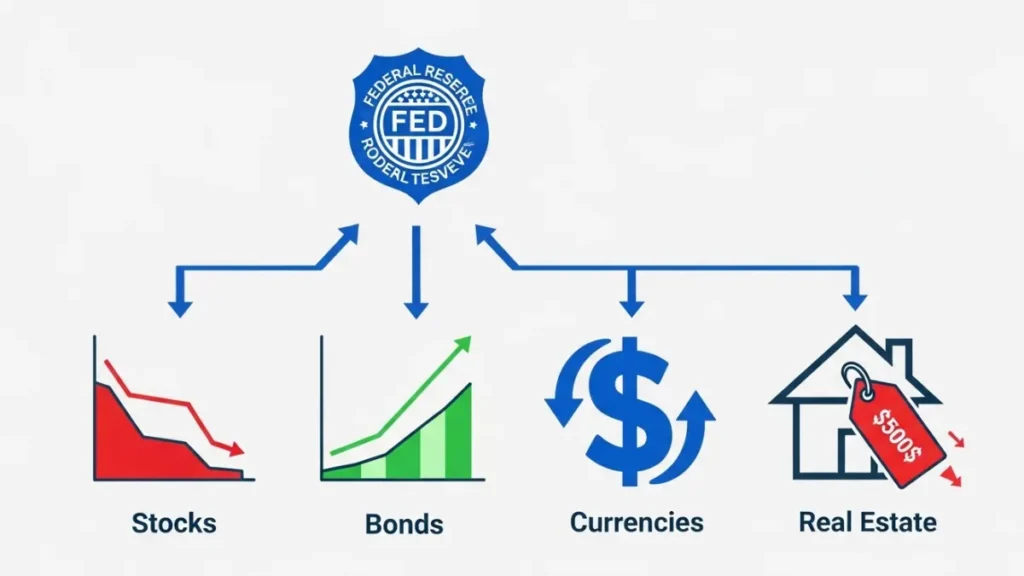 Infographic showing how Federal Reserve interest rate changes create domino effect across stocks, bonds, currencies and real estate