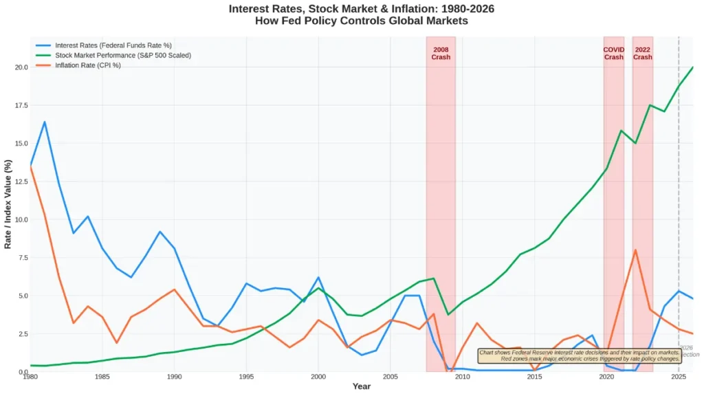 Historical chart comparing interest rates, stock market performance and inflation from 1980 to 2026 showing crash patterns during 2008 financial crisis, COVID-19, and 2022 rate hikes.