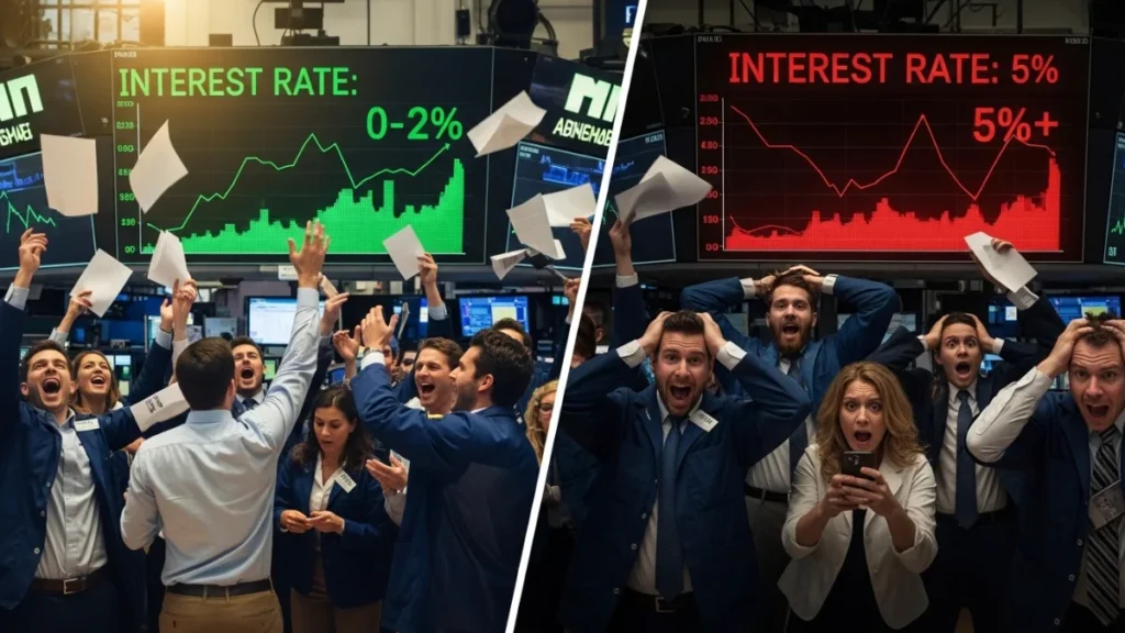 Comparison of investor reactions to low versus high interest rates showing market euphoria and panic