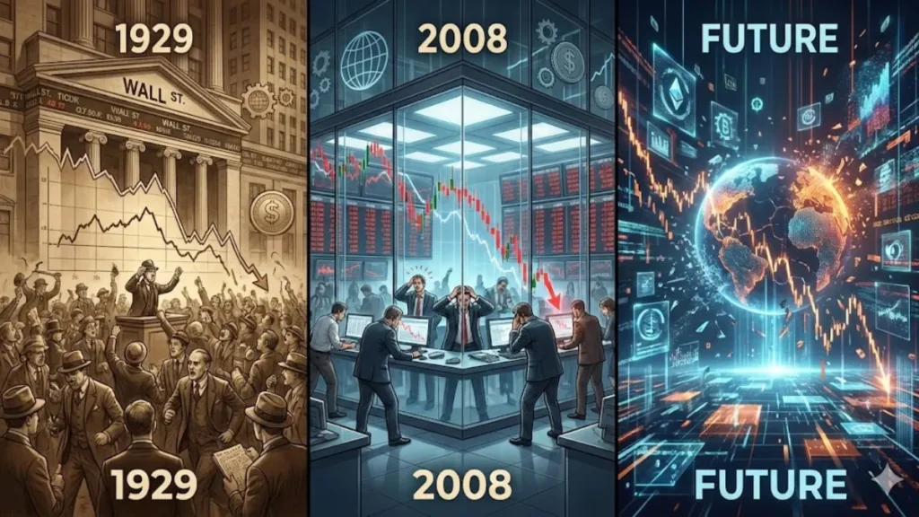 Stock market crash comparison illustrating 1929, 2008, and modern market risk patterns