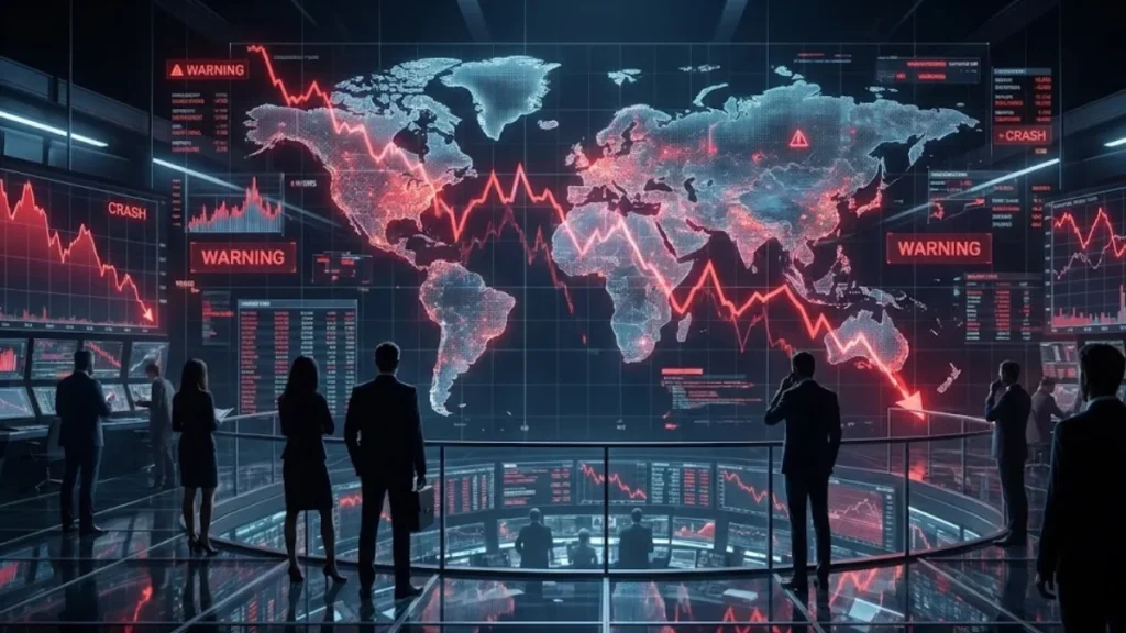 Stock market crash warning signs in modern global markets with falling charts and economic stress