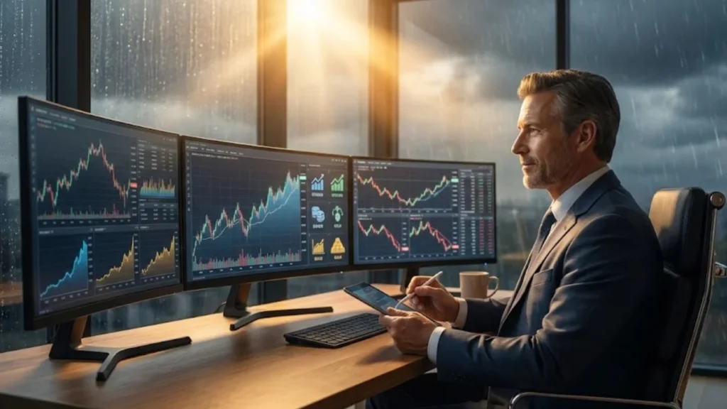 Stock market crash preparation showing diversified portfolio and defensive investment strategy
