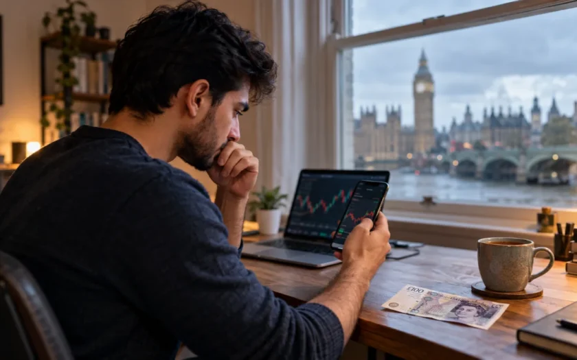 Best trading platforms for beginners UK shown on a smartphone with £100 ready to invest