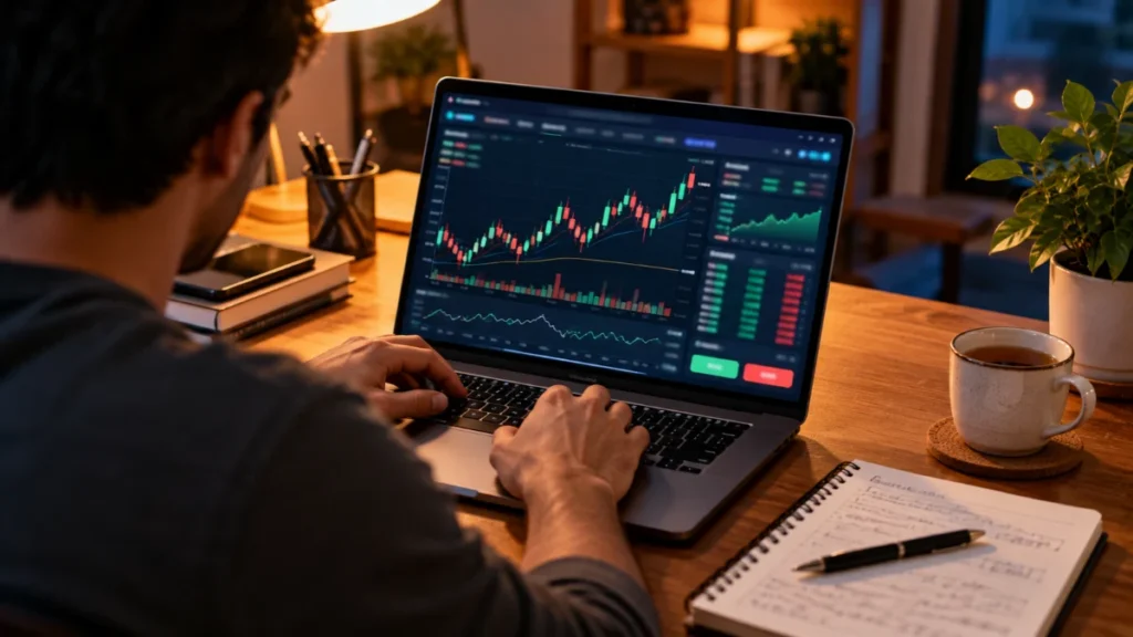 Beginner practicing on a paper trading account before choosing commission-free trading platforms