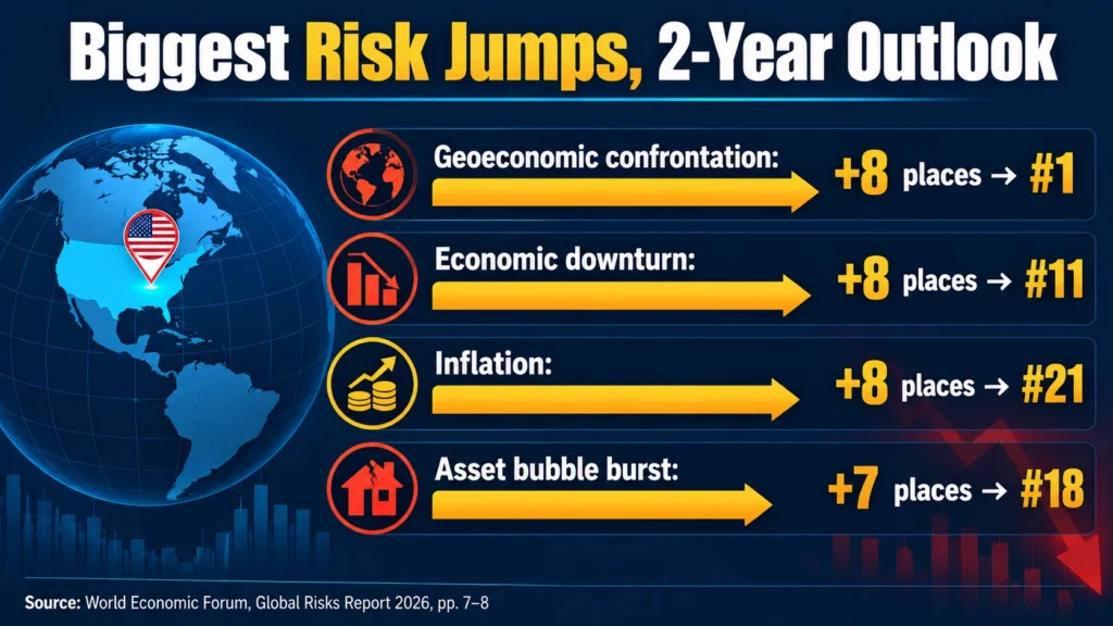 WEF chart showing economic downturn, inflation and bubble risks rising in the US recession forecast 2026