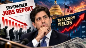 September jobs report showing falling payrolls and rising Treasury yields with US Capitol in background