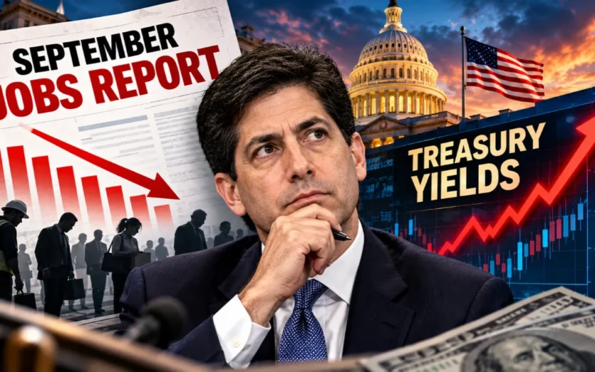 September jobs report showing falling payrolls and rising Treasury yields with US Capitol in background