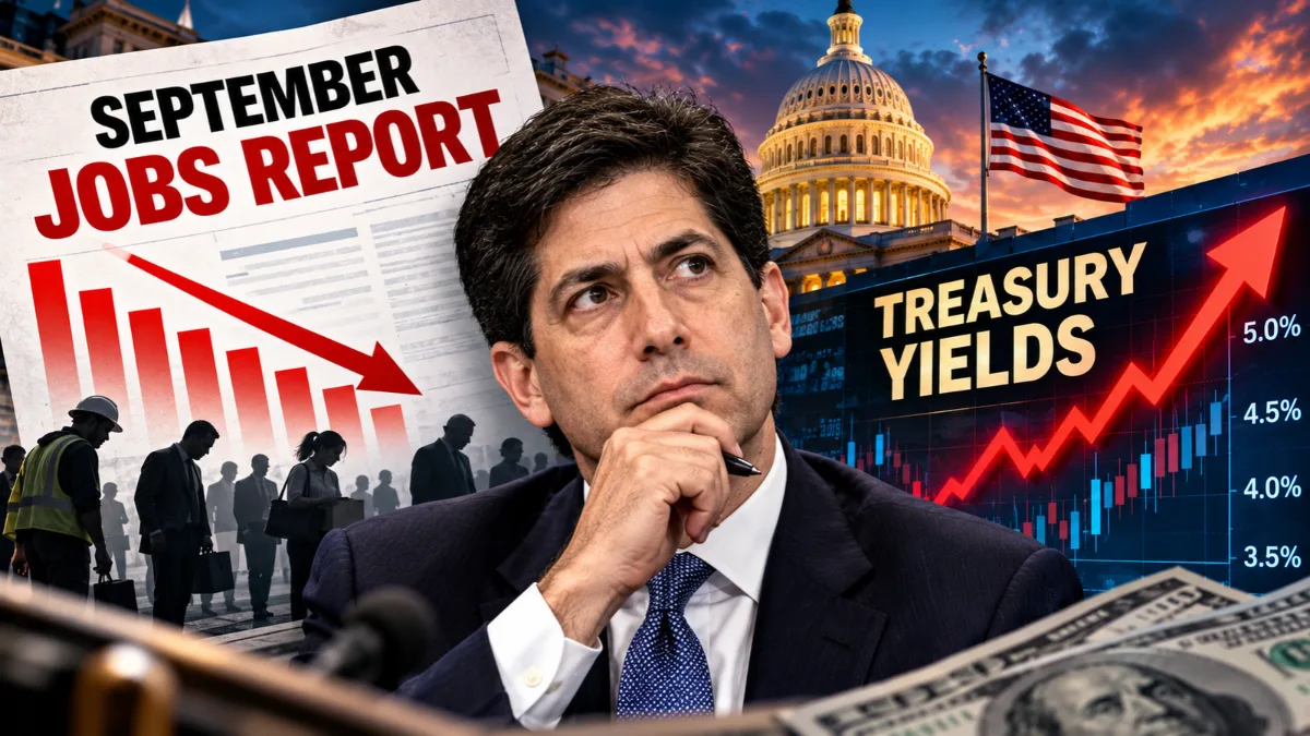 September jobs report showing falling payrolls and rising Treasury yields with US Capitol in background