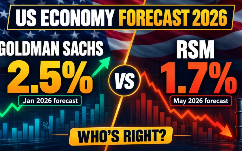 Split-screen graphic comparing the US economy forecast 2026 from Goldman Sachs at 2.5% and RSM at 1.7%