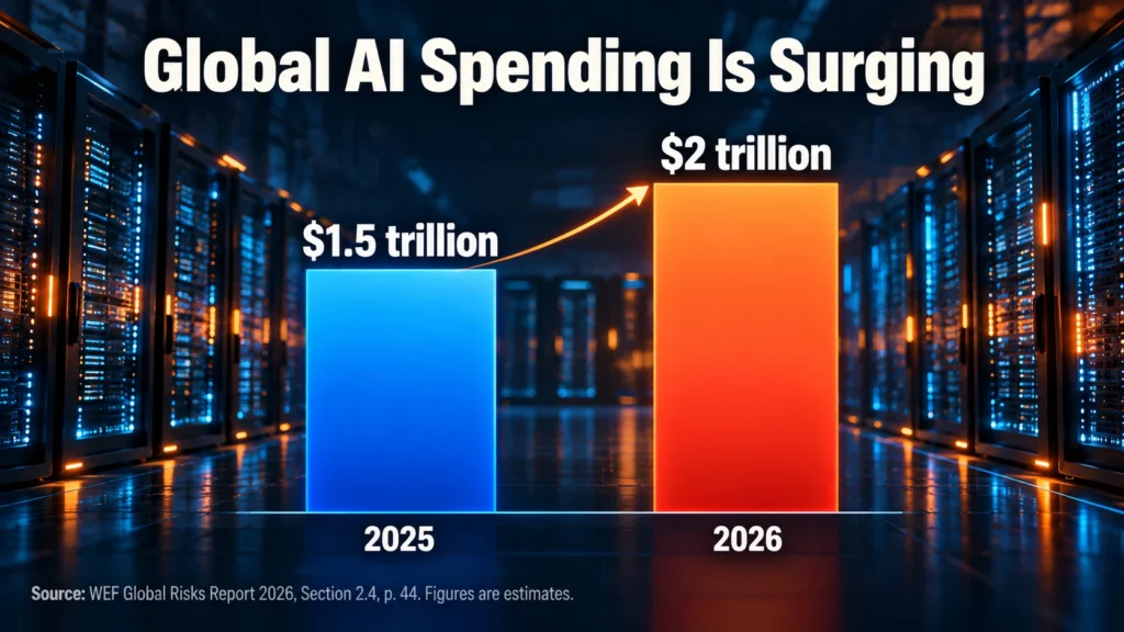 Chart of global AI spending rising from 1.5 trillion dollars in 2025 to 2 trillion in 2026 as bubble fears grow