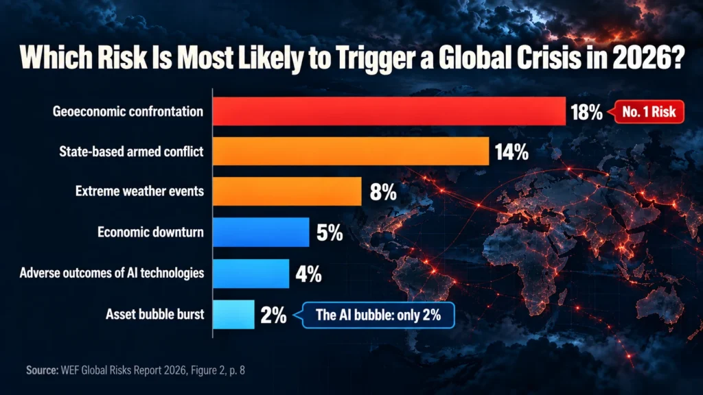 Infographic showing geoeconomic confrontation ahead of armed conflict as the risk most likely to trigger a crisis