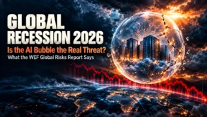 Storm clouds over a world map as global recession fears and AI bubble risks rise in 2026