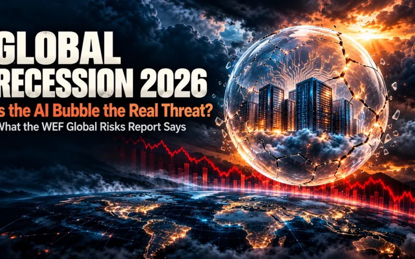 Storm clouds over a world map as global recession fears and AI bubble risks rise in 2026