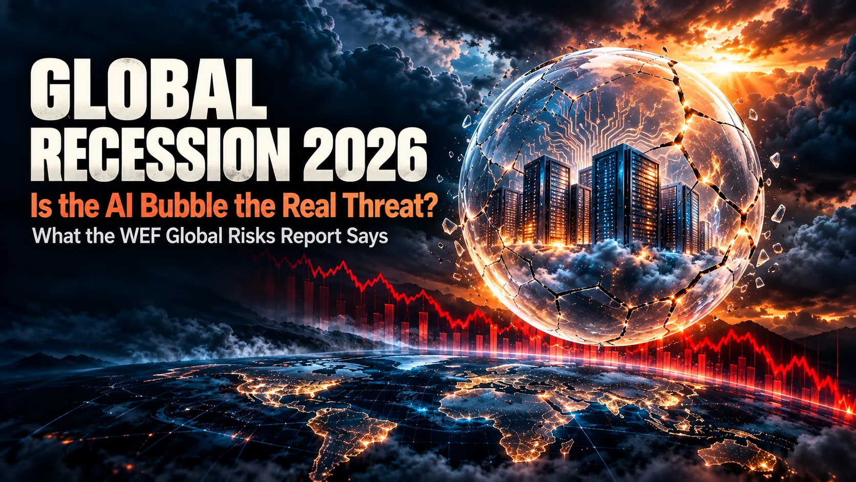 Storm clouds over a world map as global recession fears and AI bubble risks rise in 2026