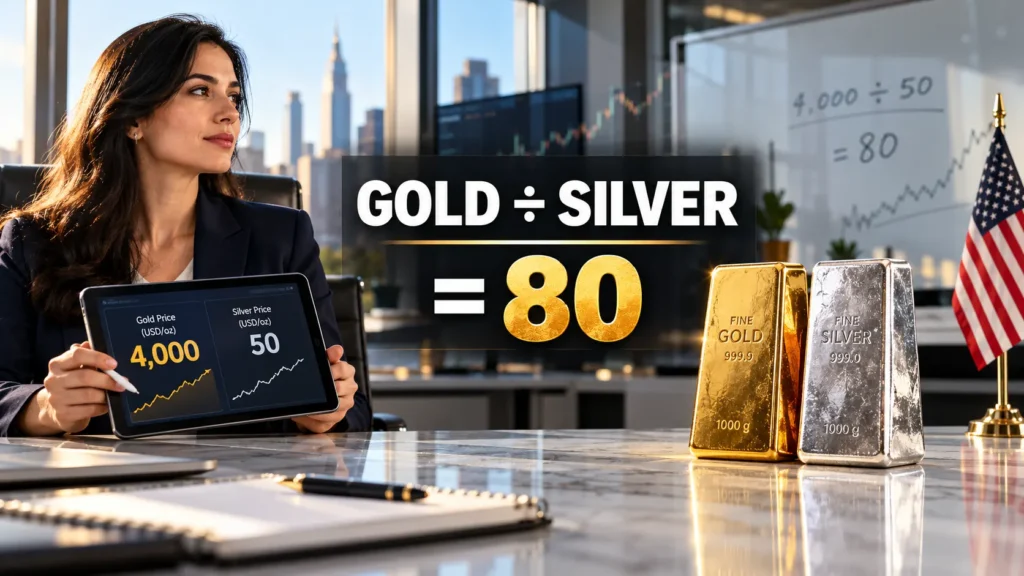 Analyst calculating the gold silver ratio by dividing the gold price by the silver price beside gold and silver bars