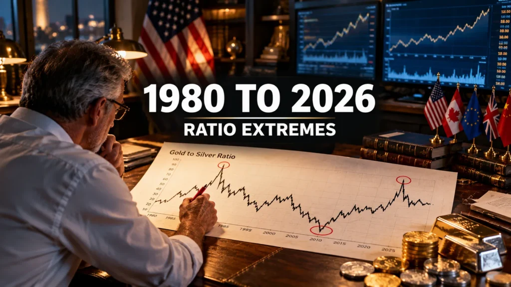 Trader studying a gold silver ratio chart of historical extremes from 1980 to 2026 with flags and market data screens