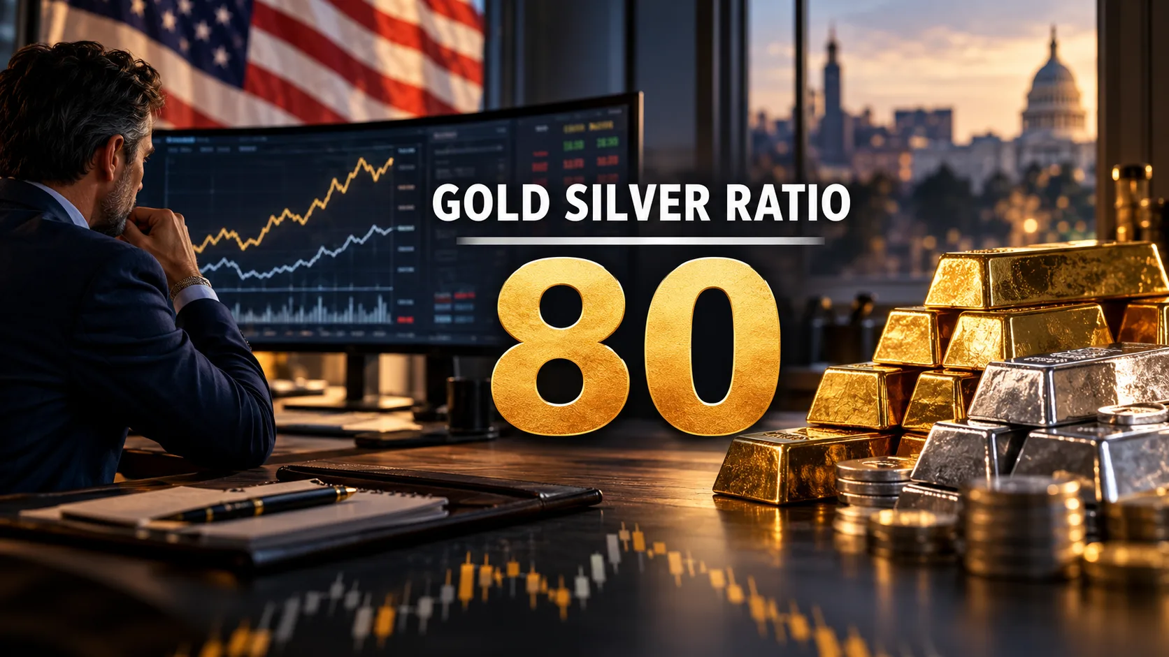Investor reviewing a gold silver ratio of 80 on trading screens next to gold bars, silver bars and a U.S. flag