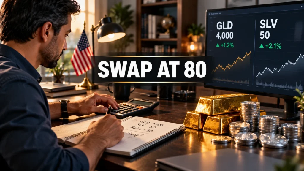 Investor testing a gold silver ratio swap strategy on a calculator and ETF screens beside gold bars and silver coins