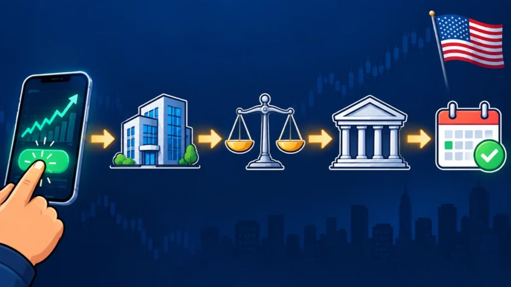 Diagram showing how an online trading platform sends a stock order to a broker, a market maker, and settlement
