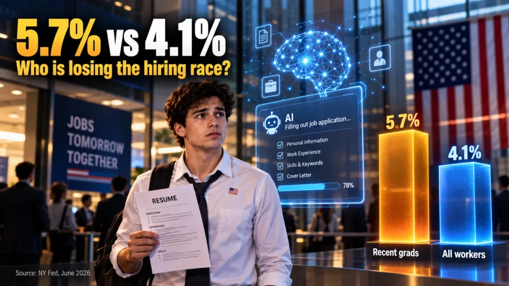 Recent graduate holding a resume while AI and rising unemployment reshape the job market in a recession