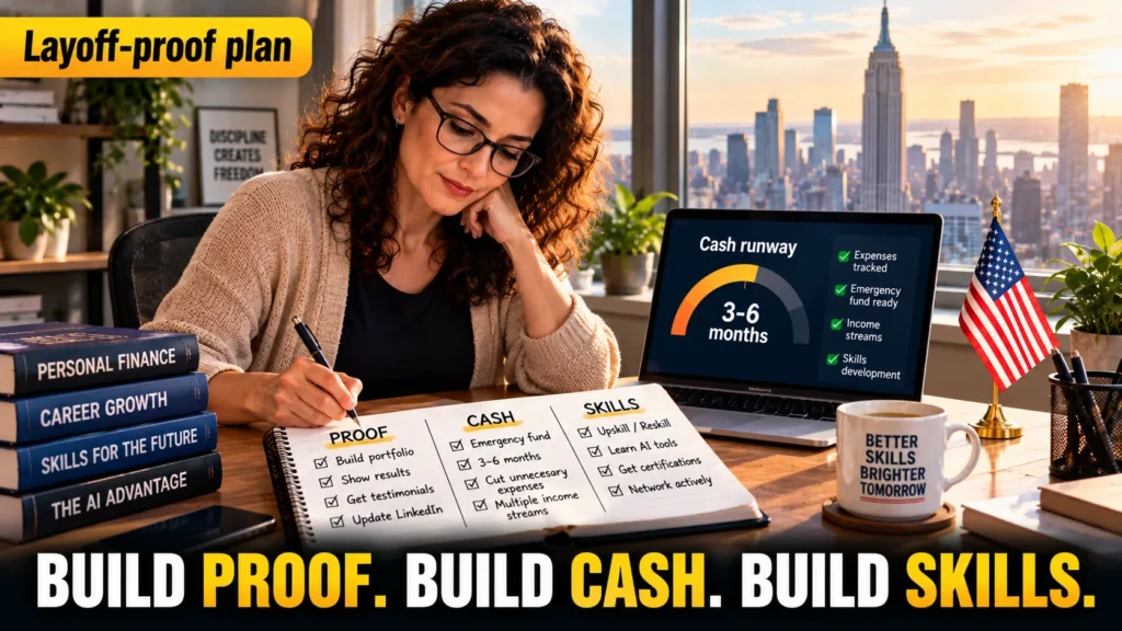 Employee building a layoff-proof plan with a cash runway and skills checklist for jobs during a recession