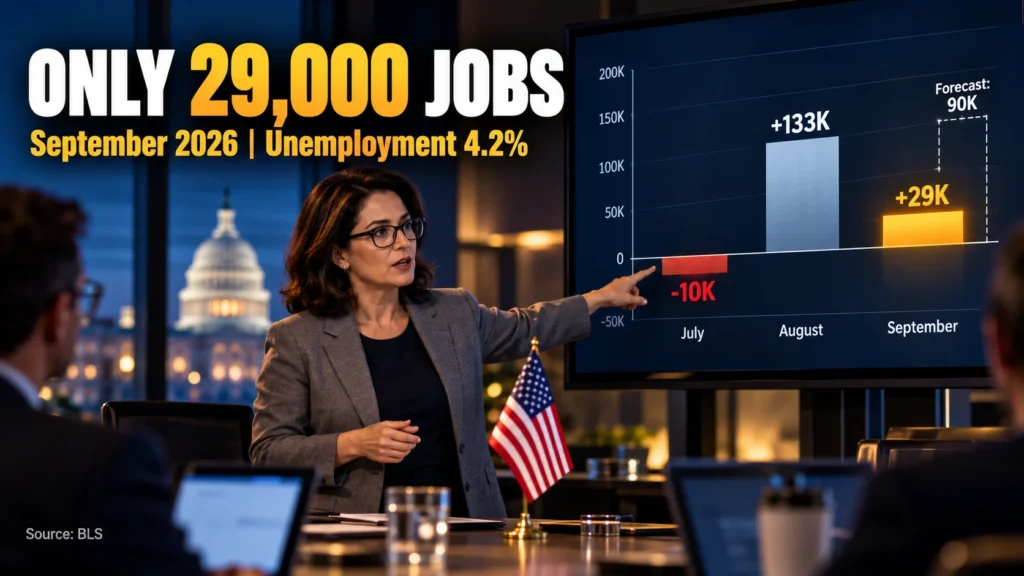 US payroll bar chart showing weak September 2026 hiring in a recession job market with American flag