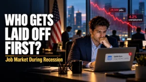 Worker facing layoffs in the US job market during recession, with American flag and a falling jobs chart