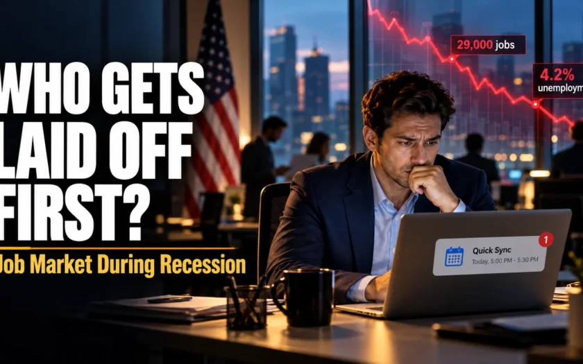Worker facing layoffs in the US job market during recession, with American flag and a falling jobs chart