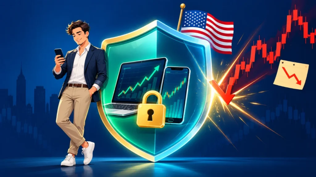 Shield protecting a brokerage account on an online trading platform, with a US flag and a padlock icon
