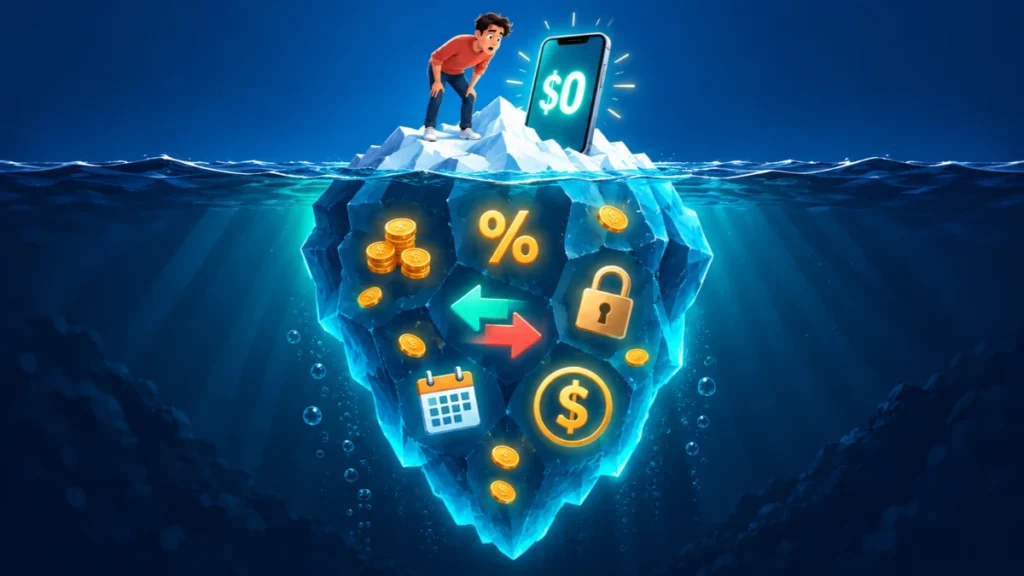 Illustration of a commission-free trading app with an iceberg showing hidden trading platform fees below the surface