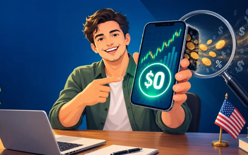 Beginner checking a trading platform app on a phone and noticing hidden fees behind a $0 commission badge